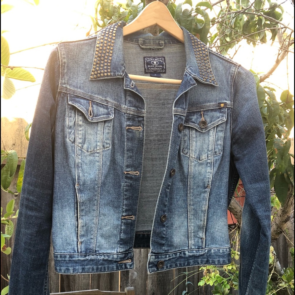Lucky Brand Pixie Studded Trucker Style Cropped Denim Jean Jacket Size M